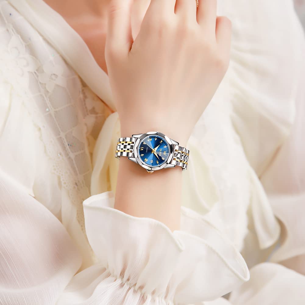 OLEVS Womens Watch Fashion Dress Diamond Female Watches for Ladies Analog Quartz Stainless Steel Waterproof Luminous Day Date Two Tone Wristwatch - Image 6